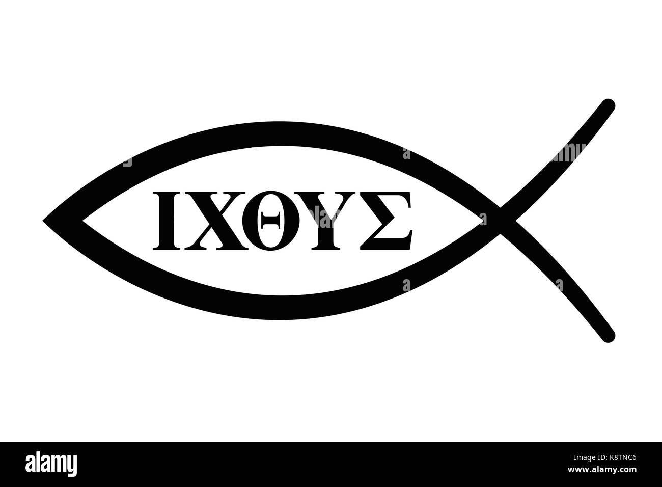 Sign of the fish with initial letters of five Greek words forming the word Ichthus for fish. Jesus Christ, Son of God, Saviour. Black illustration. Stock Photo