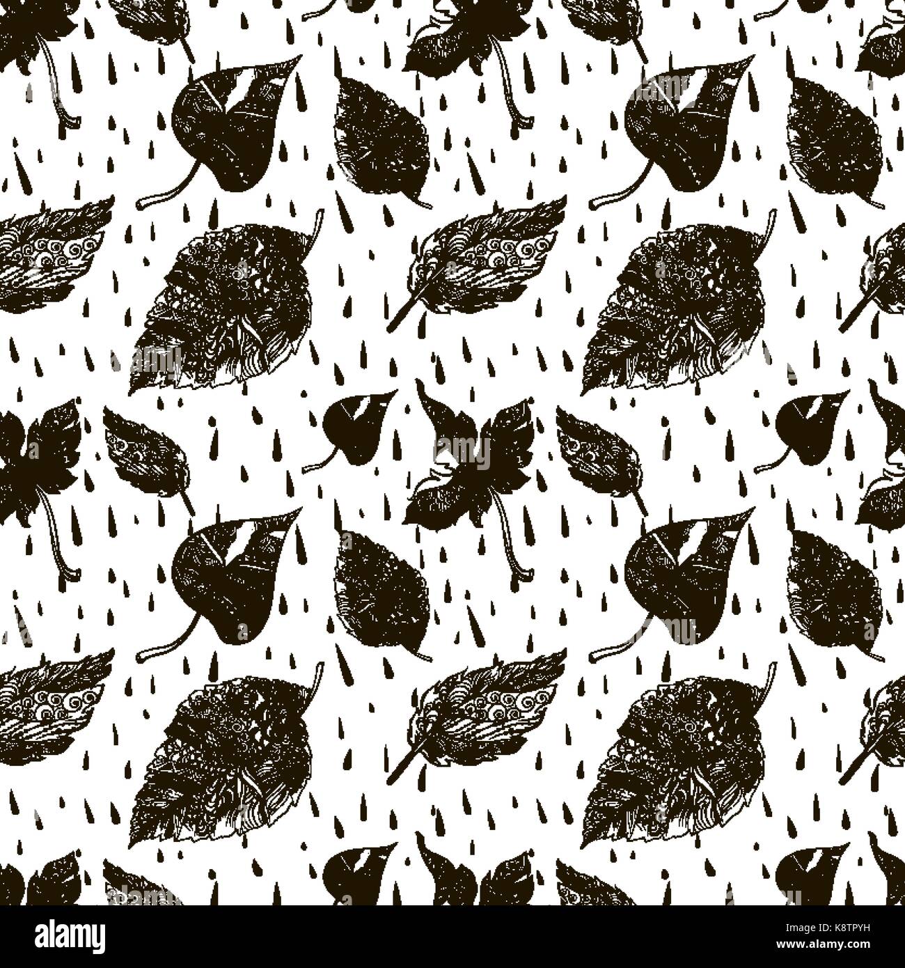 Seamless vector background black and white doodle autumn foliage with ...