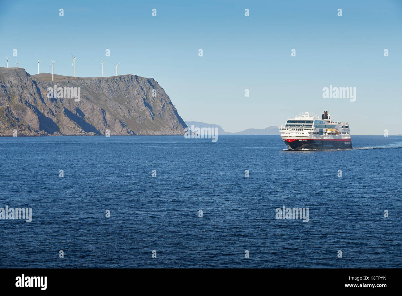 The Norwegian Hurtigruten Ferry, MS TrollFjord, Approaching Havøysund, Norway. Stock Photo
