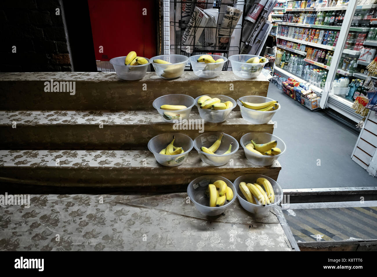 Bananas on display outside a late opening CTN shop in Covent Garden