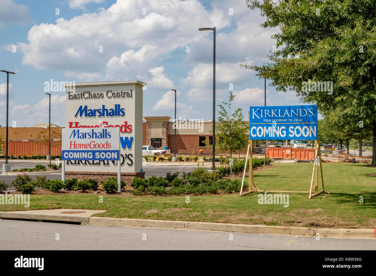 Coming Soon signs for the new Eastchase Center shopping center, Montgomery, Alabama, USA, for Kirkland's, Marshalls, Home Goods and Five Below stores. Stock Photo