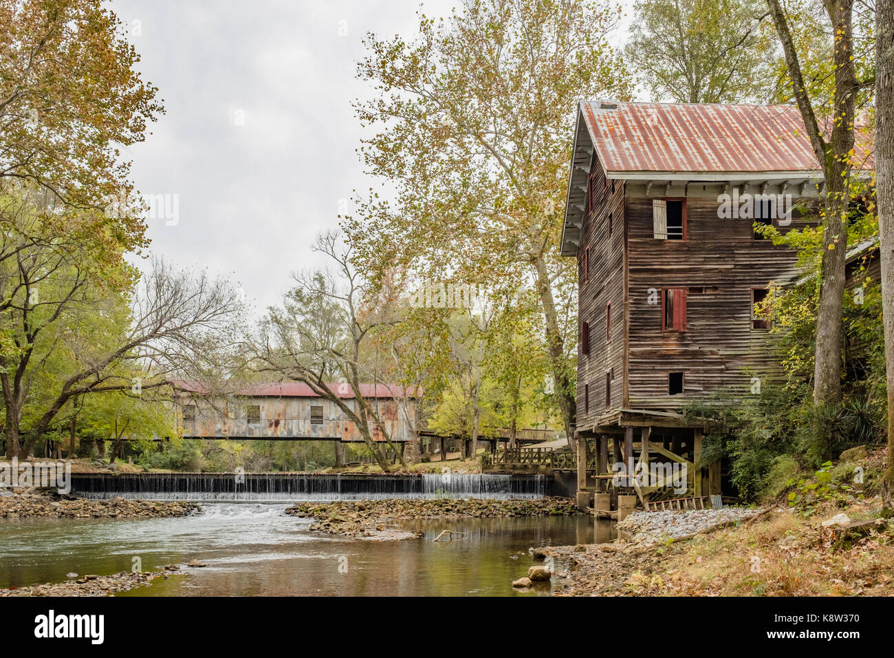 Kymulga Grist Mill and covered bridge in Childersburg, Alabama, USA, an outdoor museum and park. Stock Photo