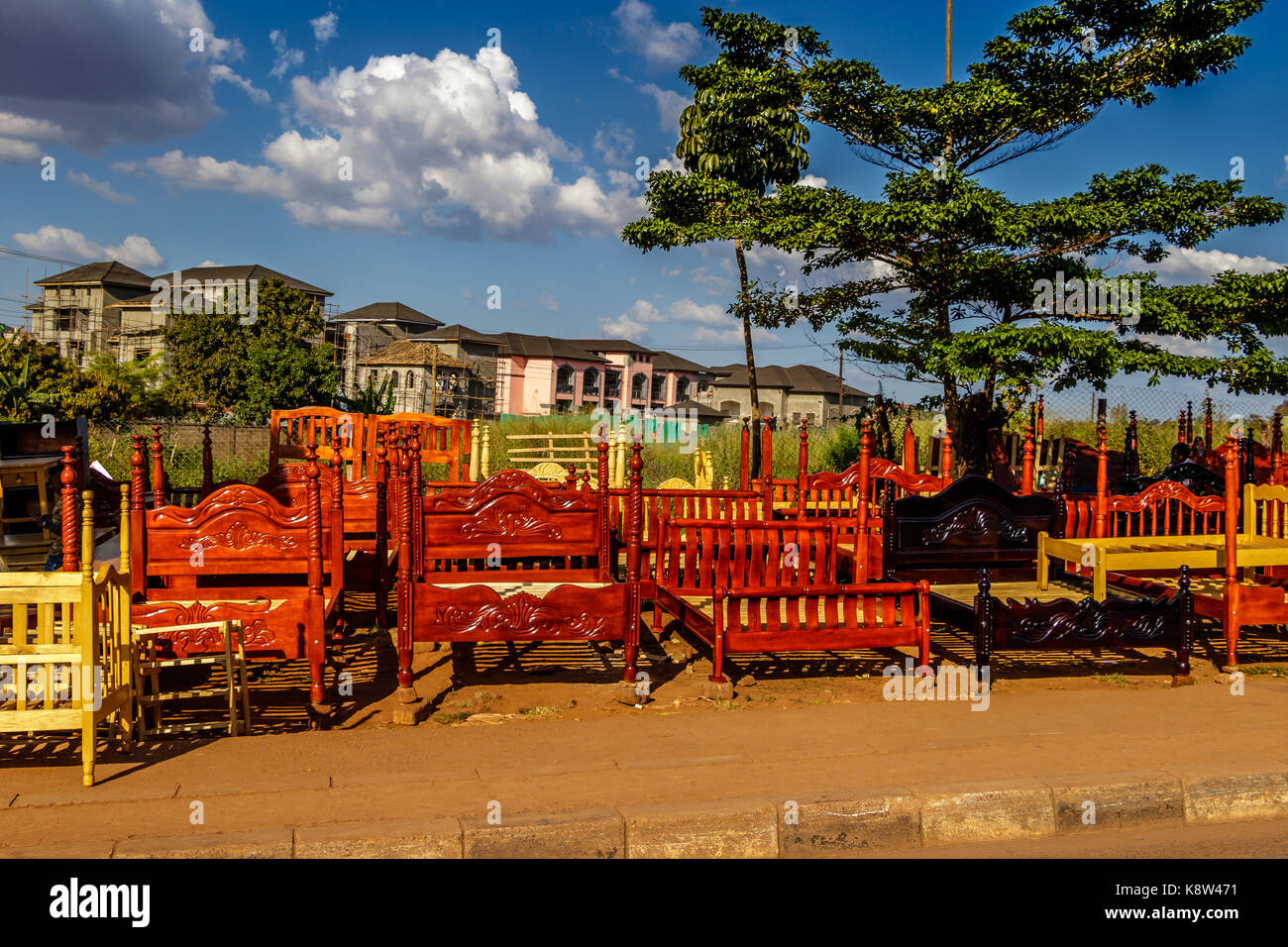 Selling beds on the Kampala road in Uganda Stock Photo