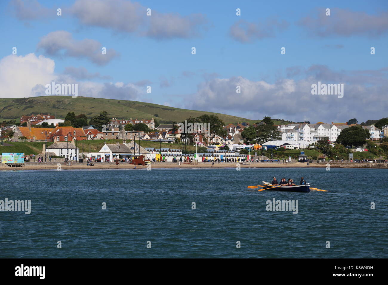 Swanage Sea Rowing Club 'Tilly Whim' pilot gig in Swanage Bay, Swanage, Isle of Purbeck, Dorset, England, Great Britain, United Kingdom, UK, Europe Stock Photo