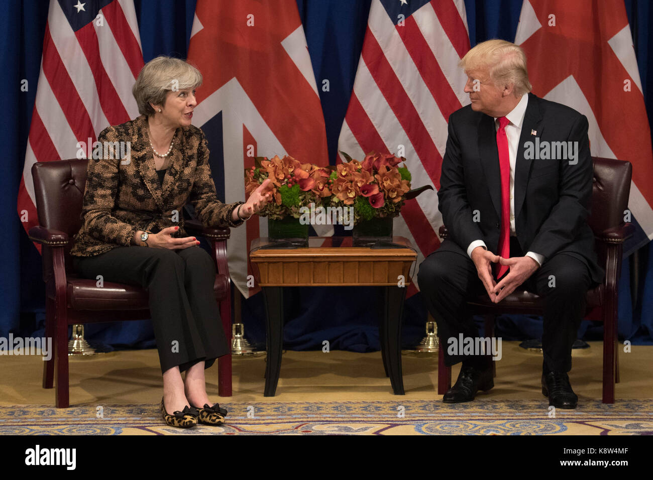 Prime Minister Theresa May meets US President Donald Trump for talks at the Lotte Palace Hotel, New York, USA. Stock Photo