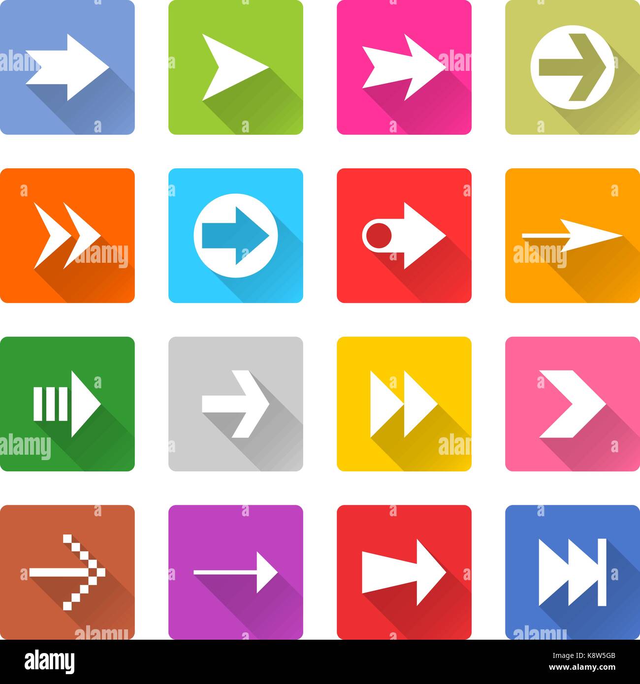 Flat arrow icon 16 set rounded square web button on white background ...