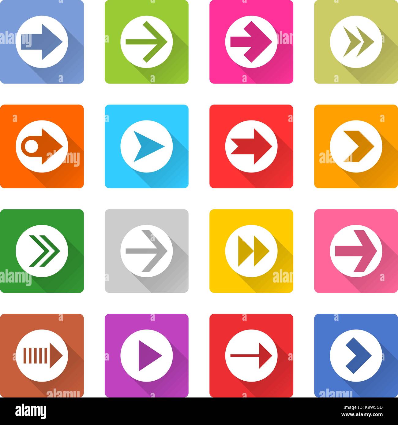 Flat arrow icon 16 set rounded square web button on white background ...