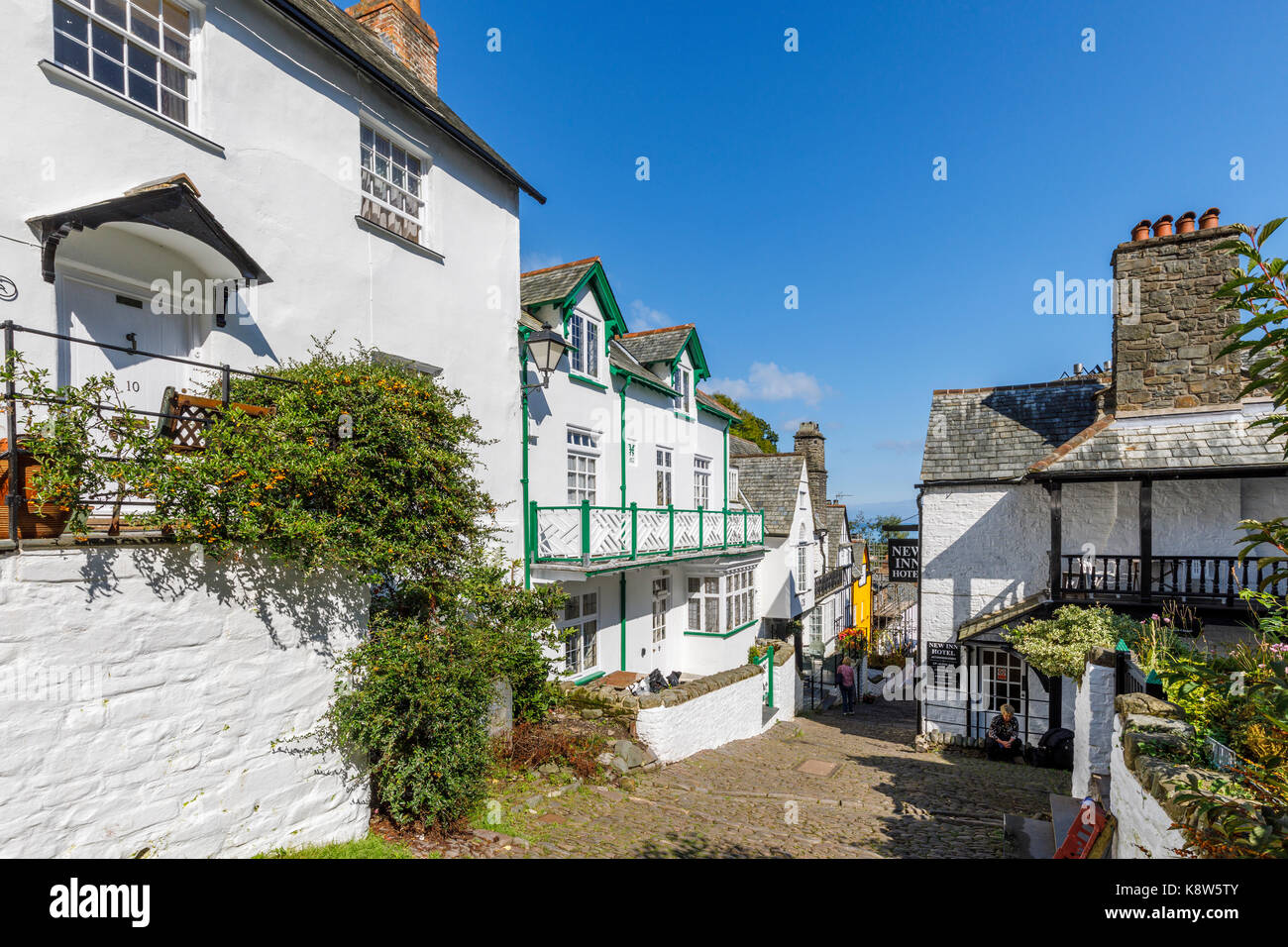 Clovelly, a small heritage village in north Devon, a tourist attraction famous for its steep pedestrianised cobbled main street, donkeys and sea views Stock Photo