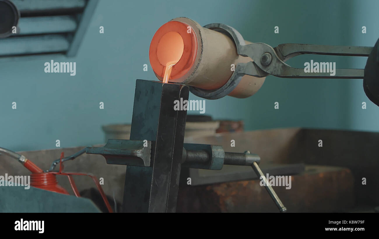 Molten Gold being poured into Ingot moulds. Molten Gold being poured