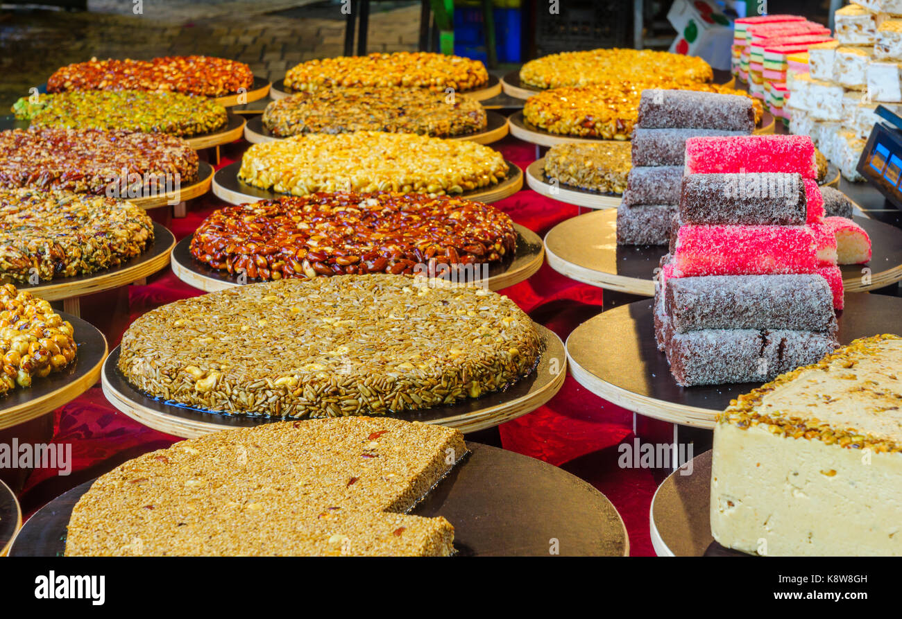 Various sweets on sale in the market, in Acre (Akko), Israel Stock ...