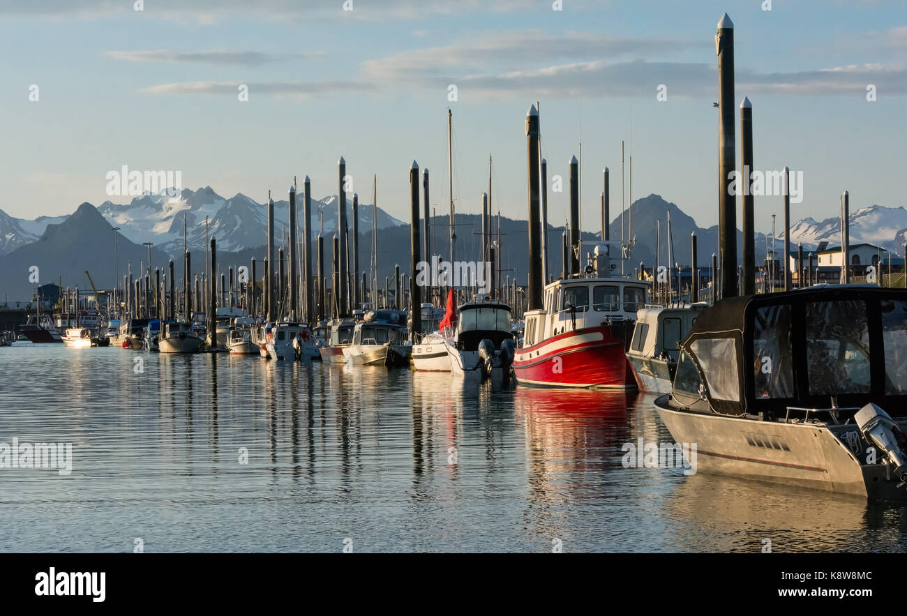 Dozens of small boats are tied up along the main channel of the Homer small boat harbor. Stock Photo