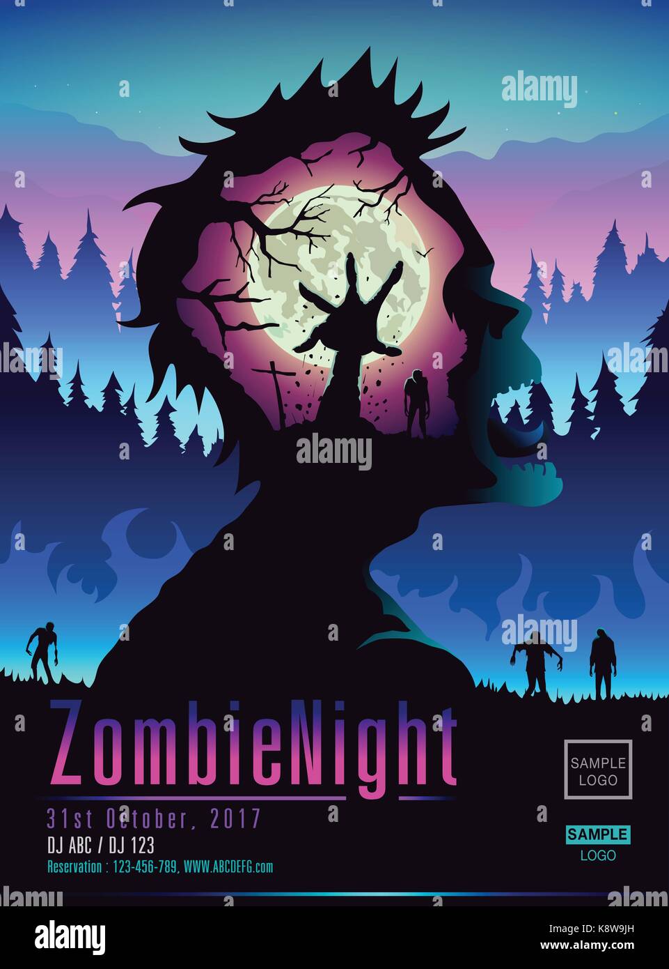 Zombie Night Poster template in Double exposure style. Stock Vector