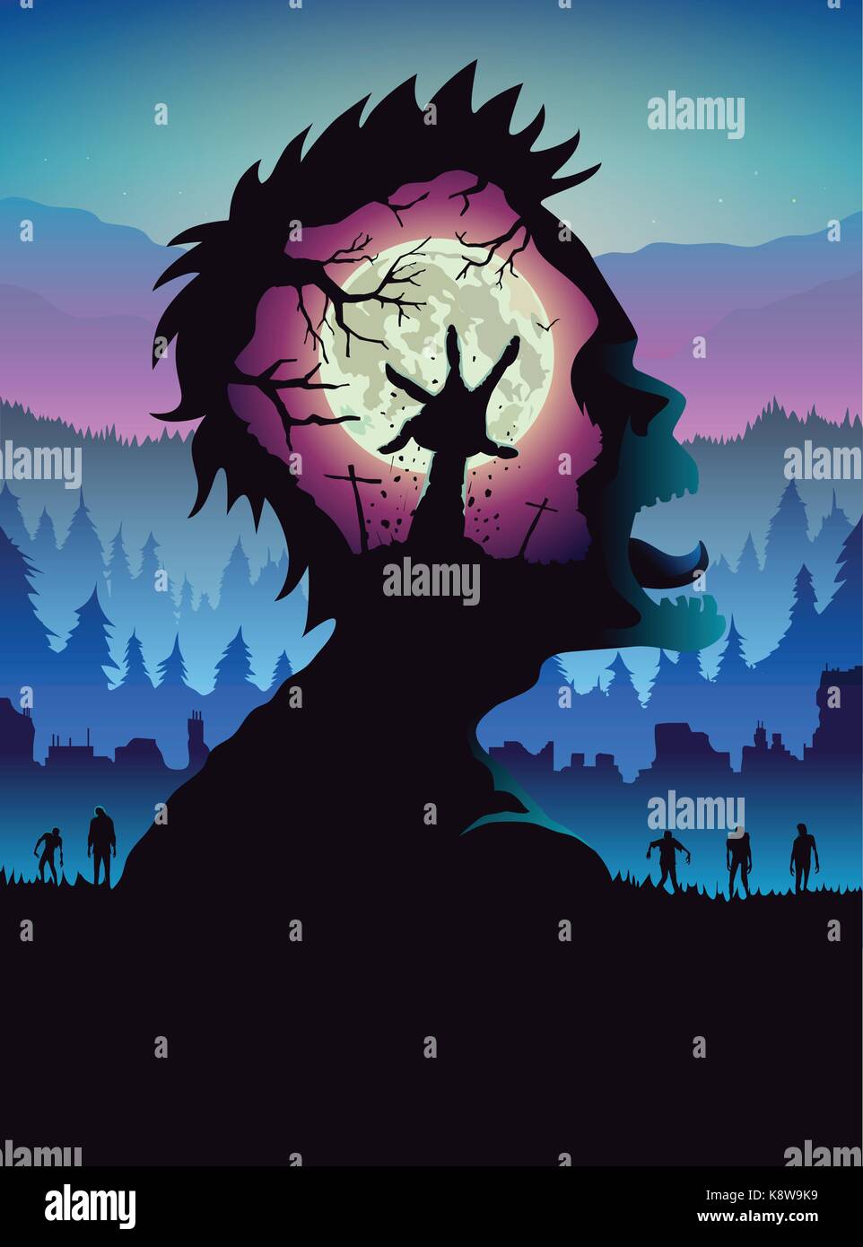 Double exposure of Zombie screaming with hand rising from ground. Stock Vector