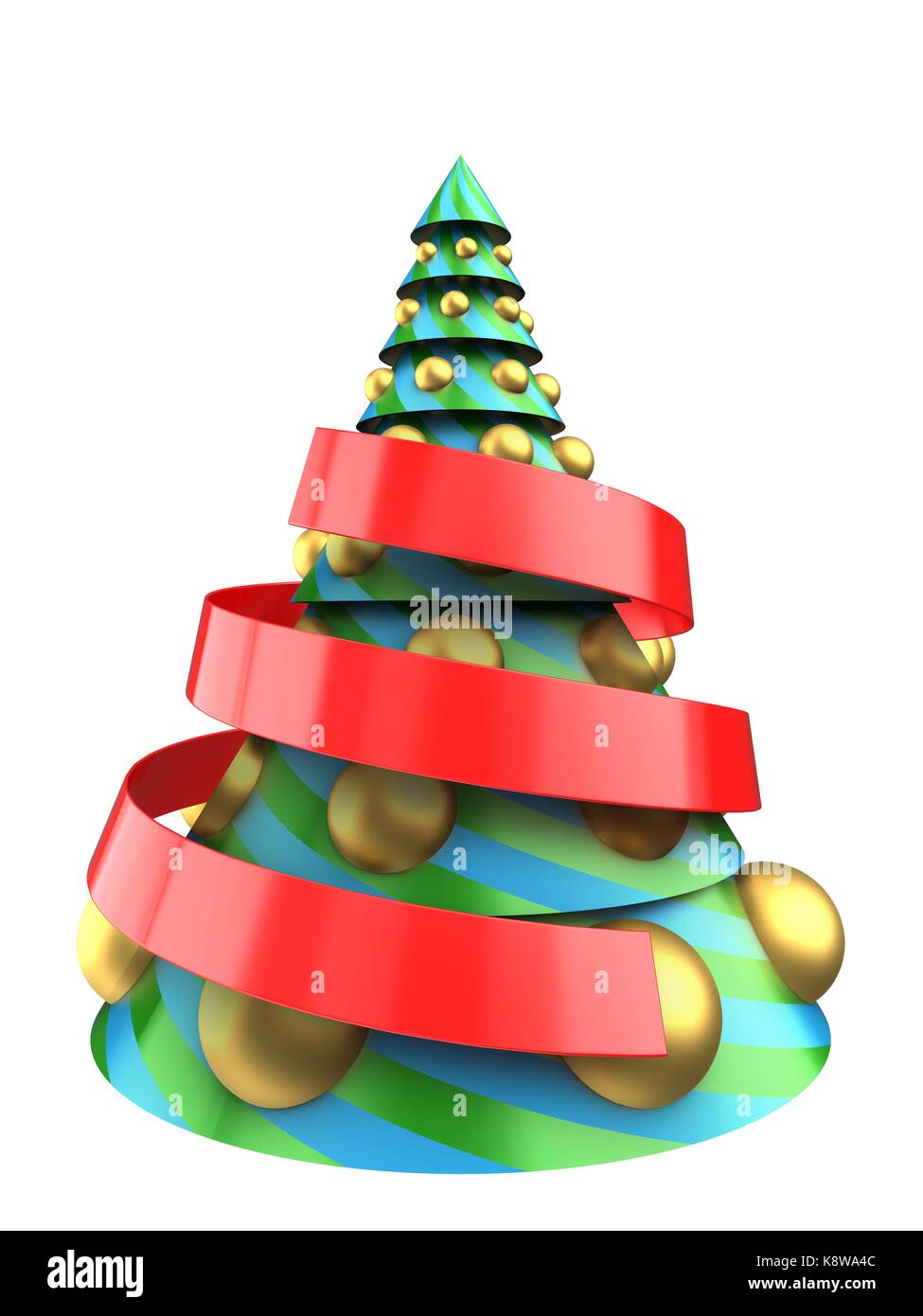 3d illustration of Christmas tree over white background with big ribbon ...