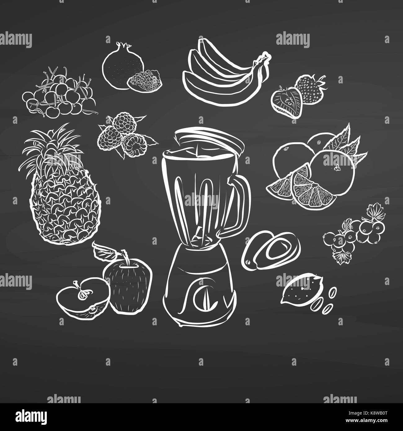 Handdrawn juicy fruits on chalkboard. Healthy food sketch. Black and