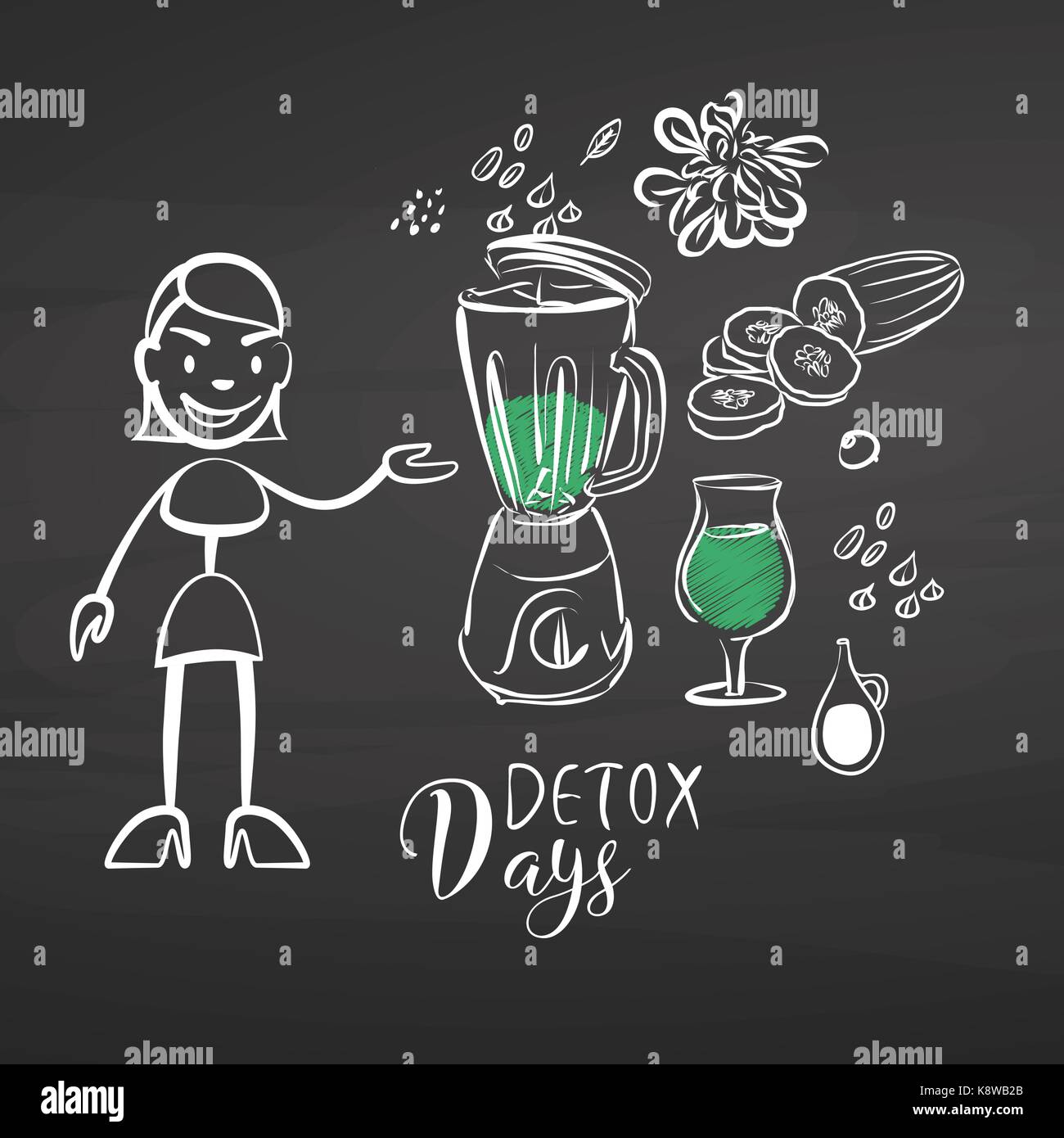 Hand-drawn detox vegetables on chalkboard. Hand drawn healthy food sketch. Black and White Vector Drawing on Blackboard. Stock Vector