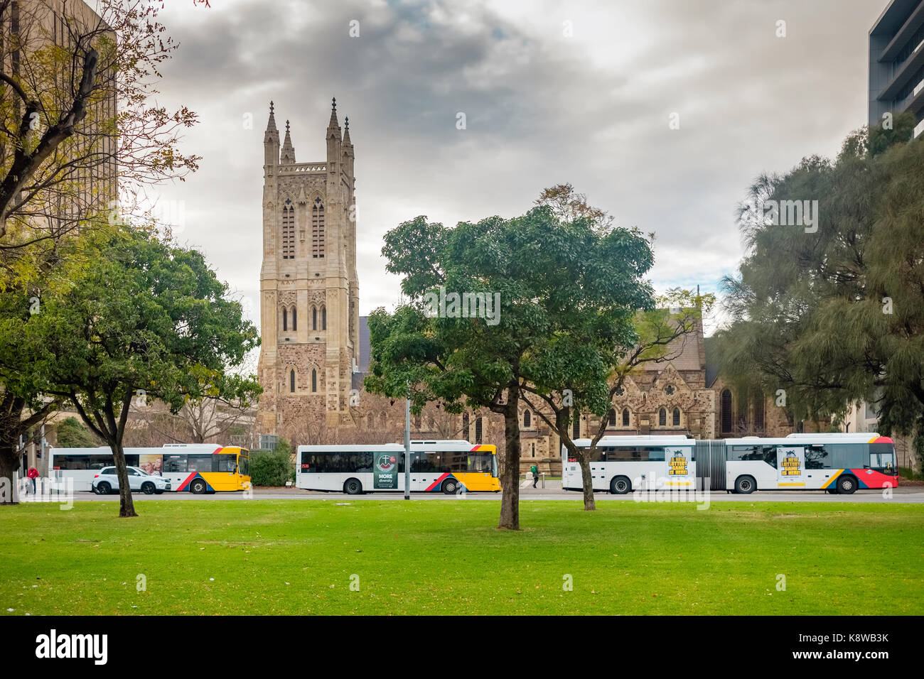 Adelaide, Australia - June 28, 2017: Victoria Square fountain viewed from South to North with office buildings at morning time Stock Photo