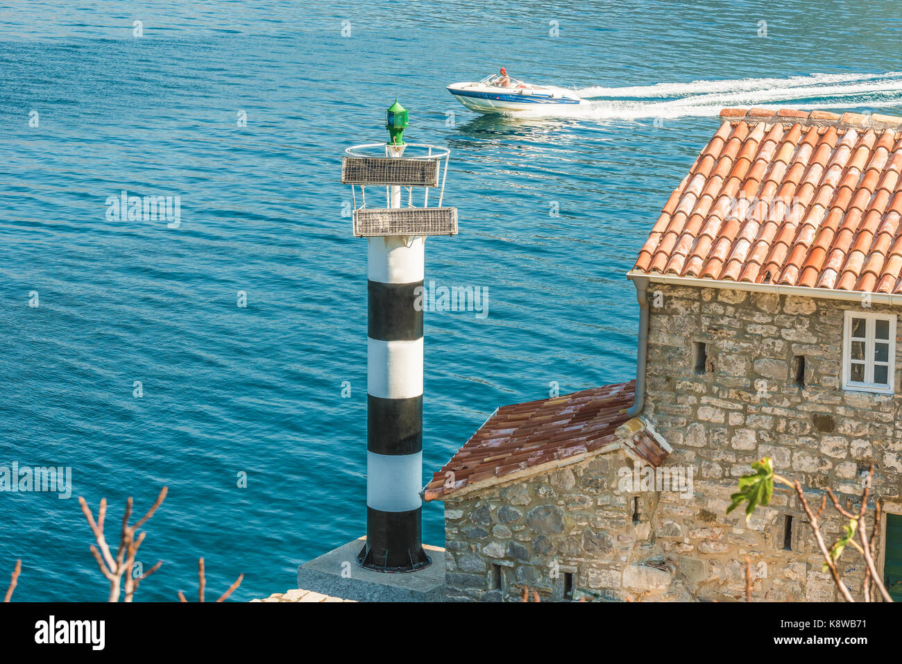 Bay of Kotor, Montenegro Lighthouse and medieval church Our Lady of