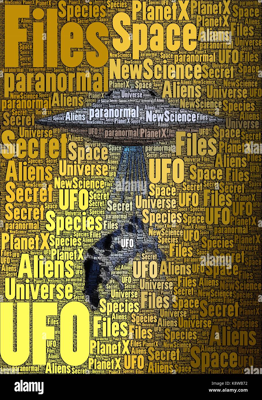 UFO abducting cow concept art, made only with words about the subject. Stock Photo