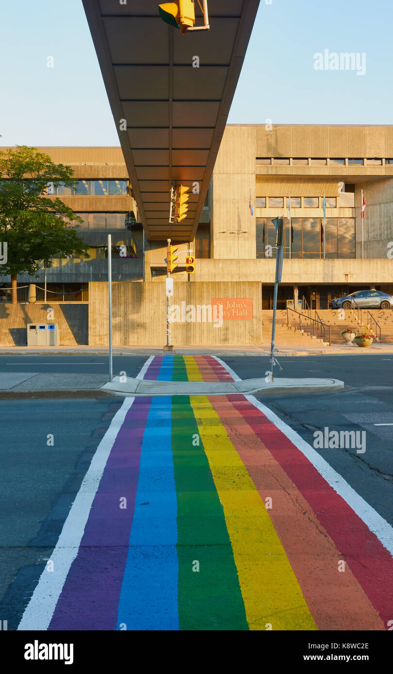 Rainbow pedestrian crossing and St John's City Hall, St John's, Newfoundland, Canada Stock Photo