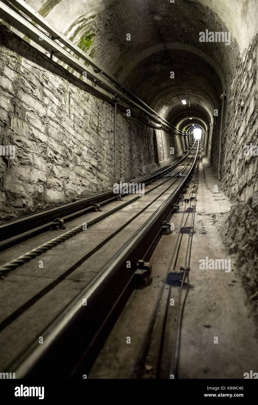The Como to Brunate Funicular Railway in the tunnel at Como.. Stock Photo