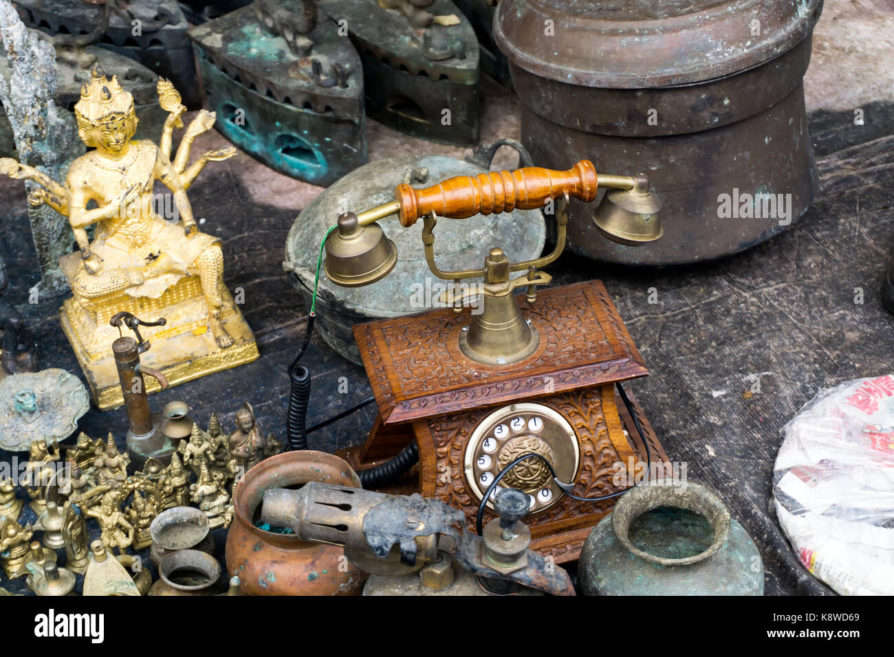 Ipoh, Malaysia - September 17, 2017: Antique phone and other materials sold at at Pasar Karat of also known as Flea and Antique market in Ipoh, capita Stock Photo