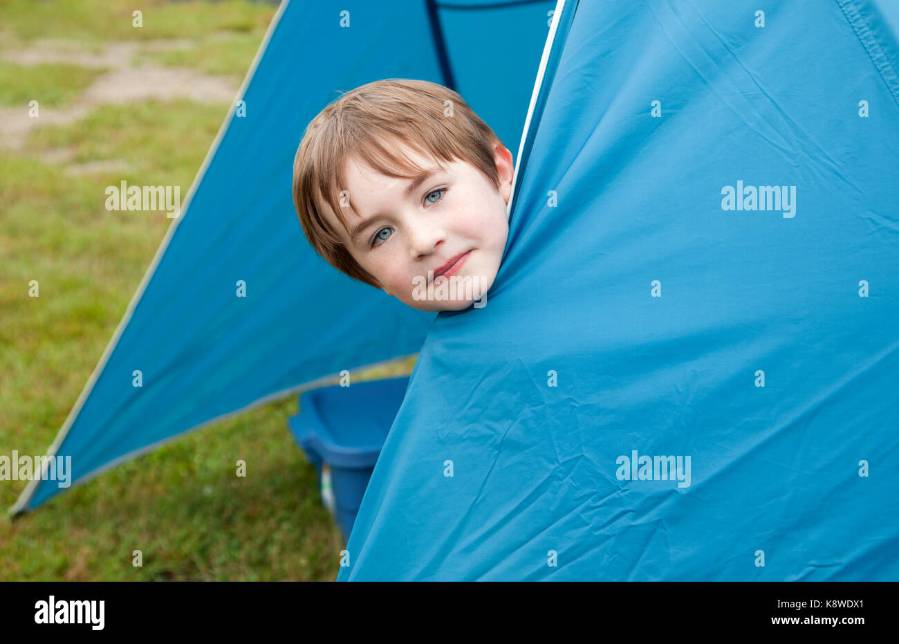 cute brown haired child plays hide and seek inside a blue tent while camping Stock Photo