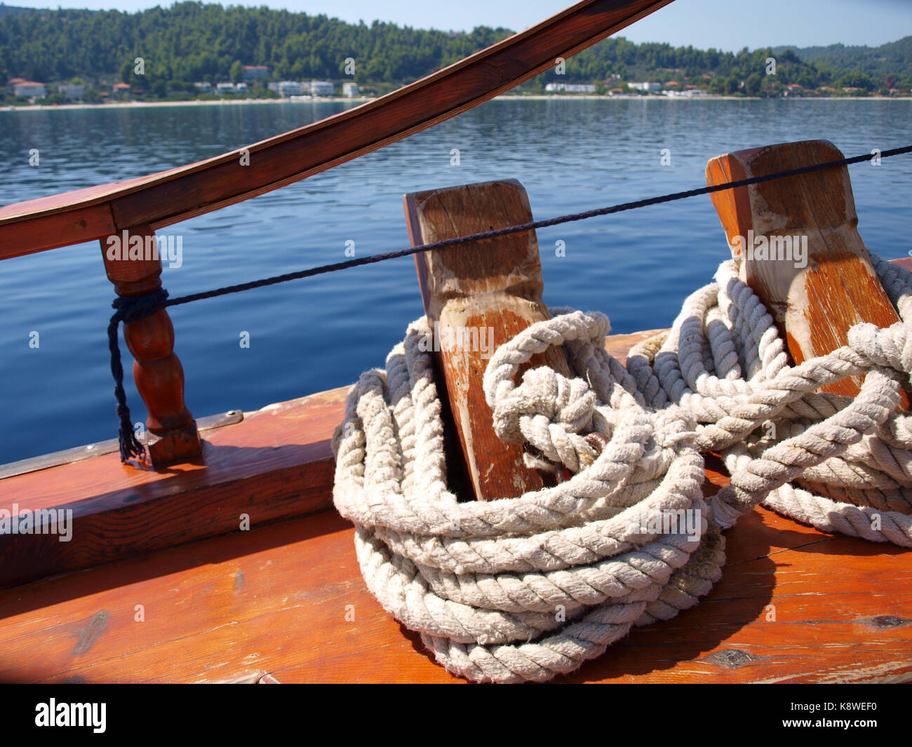 detail from a ship with tourists which making tour in peninsula of Kassandra , Halkidiki, Greece Stock Photo
