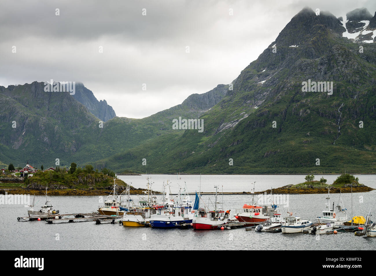 Harbour in the Vestpollen, Lofoten islands, Norway, Scandinavia, Europe. Stock Photo