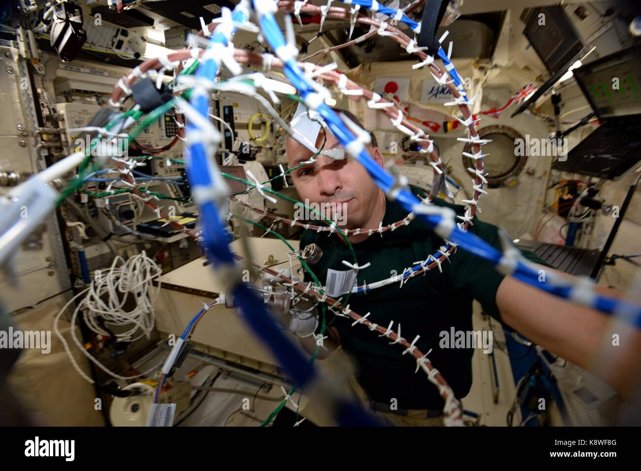 NASA Expedition 52 crew member American astronaut Randy Bresnik works on an experiment at the International Space Station while in orbit September 20, 2017. Stock Photo