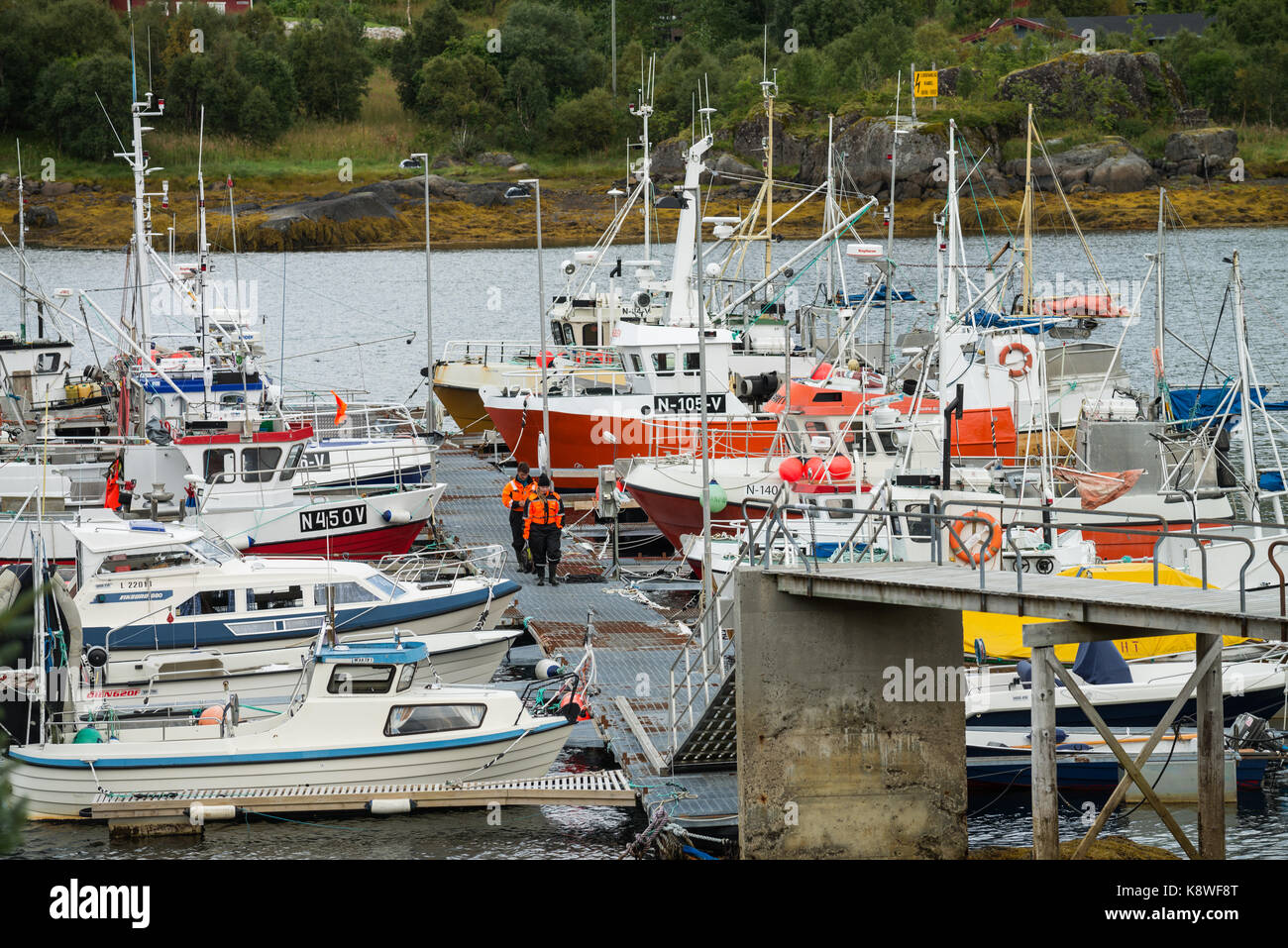 Harbour in the Vestpollen, Lofoten islands, Norway, Scandinavia, Europe. Stock Photo