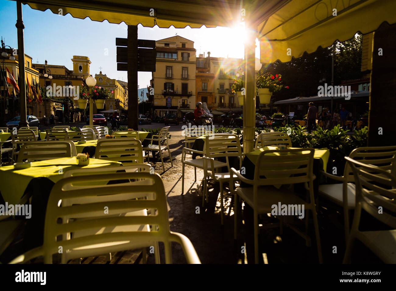 Sorrento, Italy, September 16 2017. as the sun rises a cafe awaits its first customers in Sorrento, Italy. © Paul Davey Stock Photo
