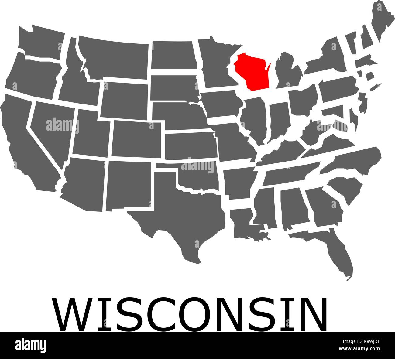 Bordering map of USA with State of Wisconsin marked with red color
