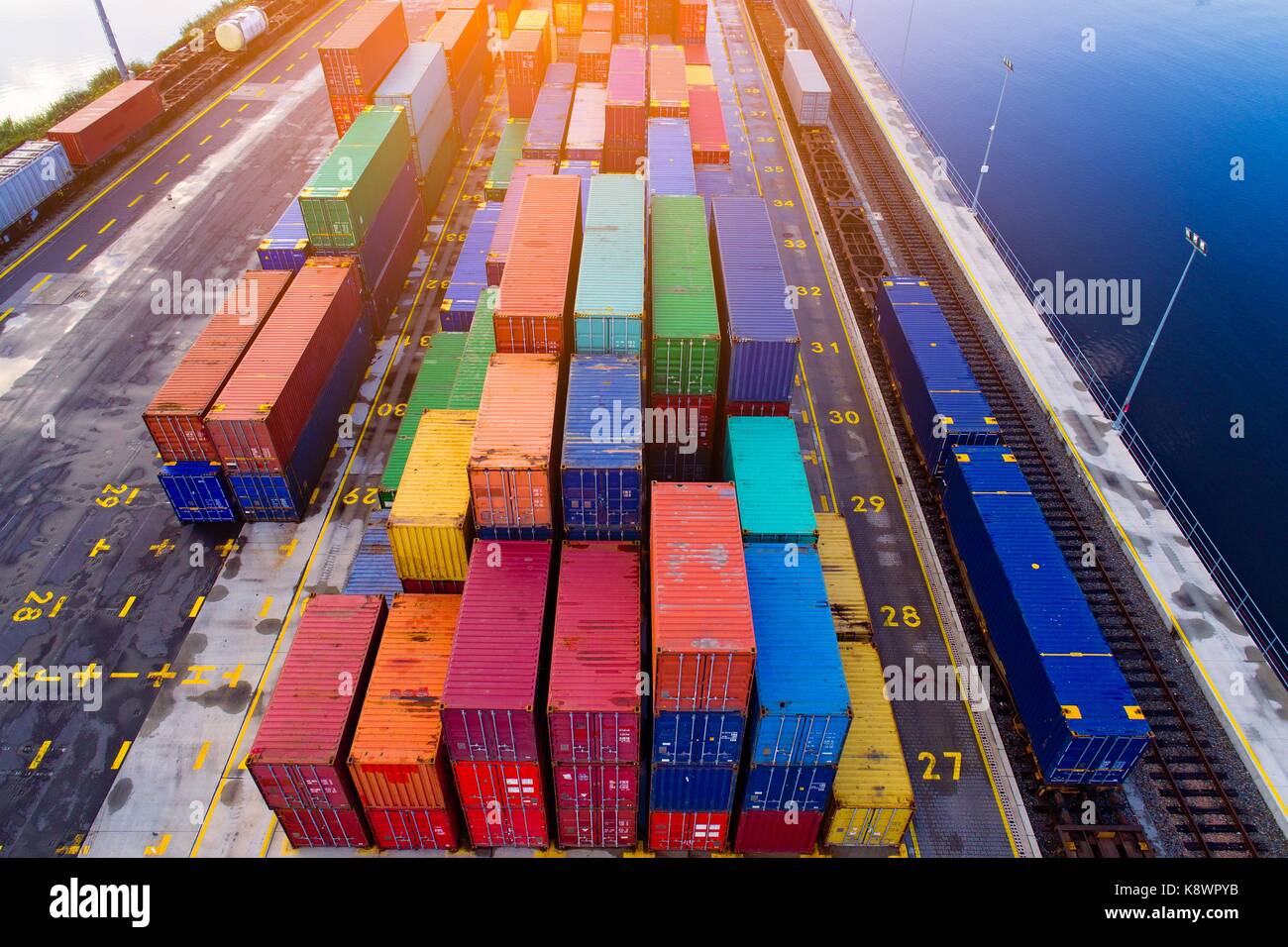 Aerial view on cargo containers in harbour. Logistic concept Stock ...