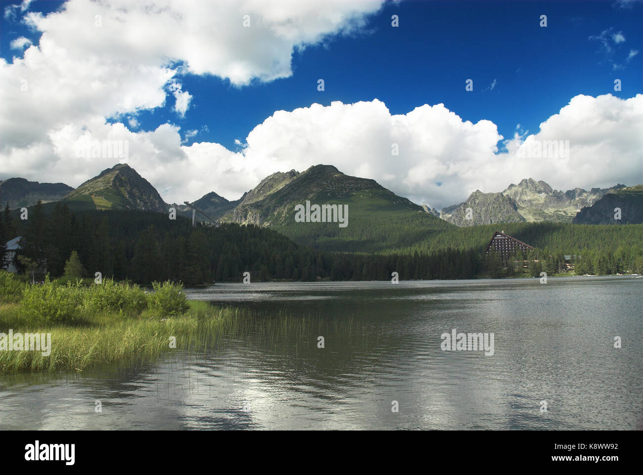 Mountain lake under blue cloudy sky with hotel on the right Stock Photo ...