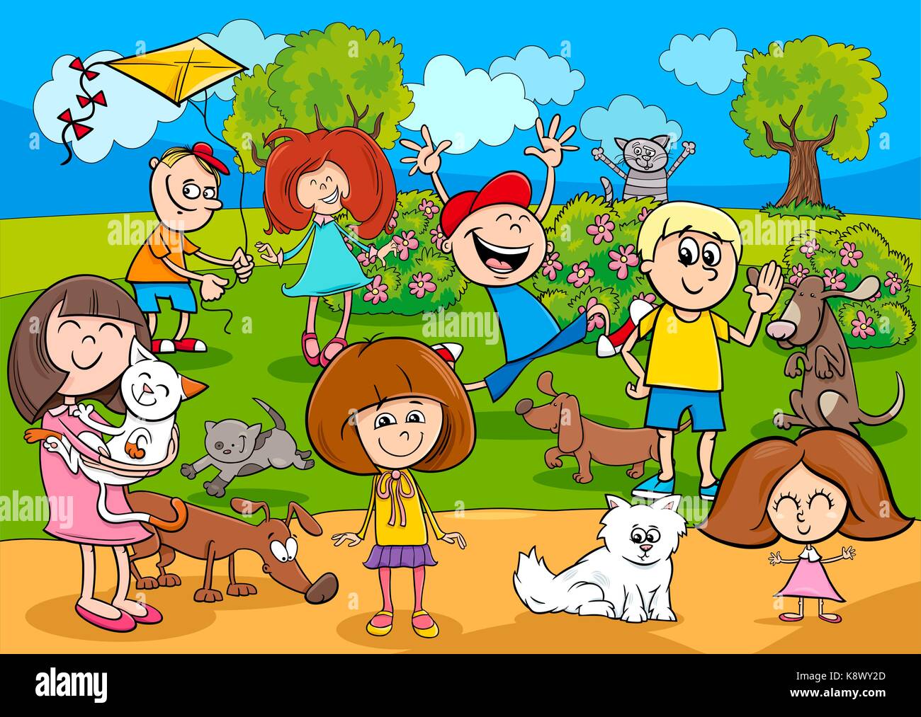 Cartoon Illustration of Kids with Pets Characters Group in the Park Stock Vector