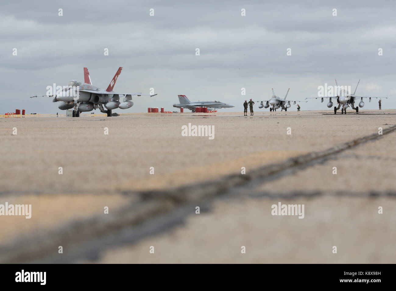 Four F/A-18 Hornets with Marine Fighter Squadron (VMFA) 232 taxi on the flight line at Marine Corps Air Station Miramar, Calif., Sept. 18. Stock Photo