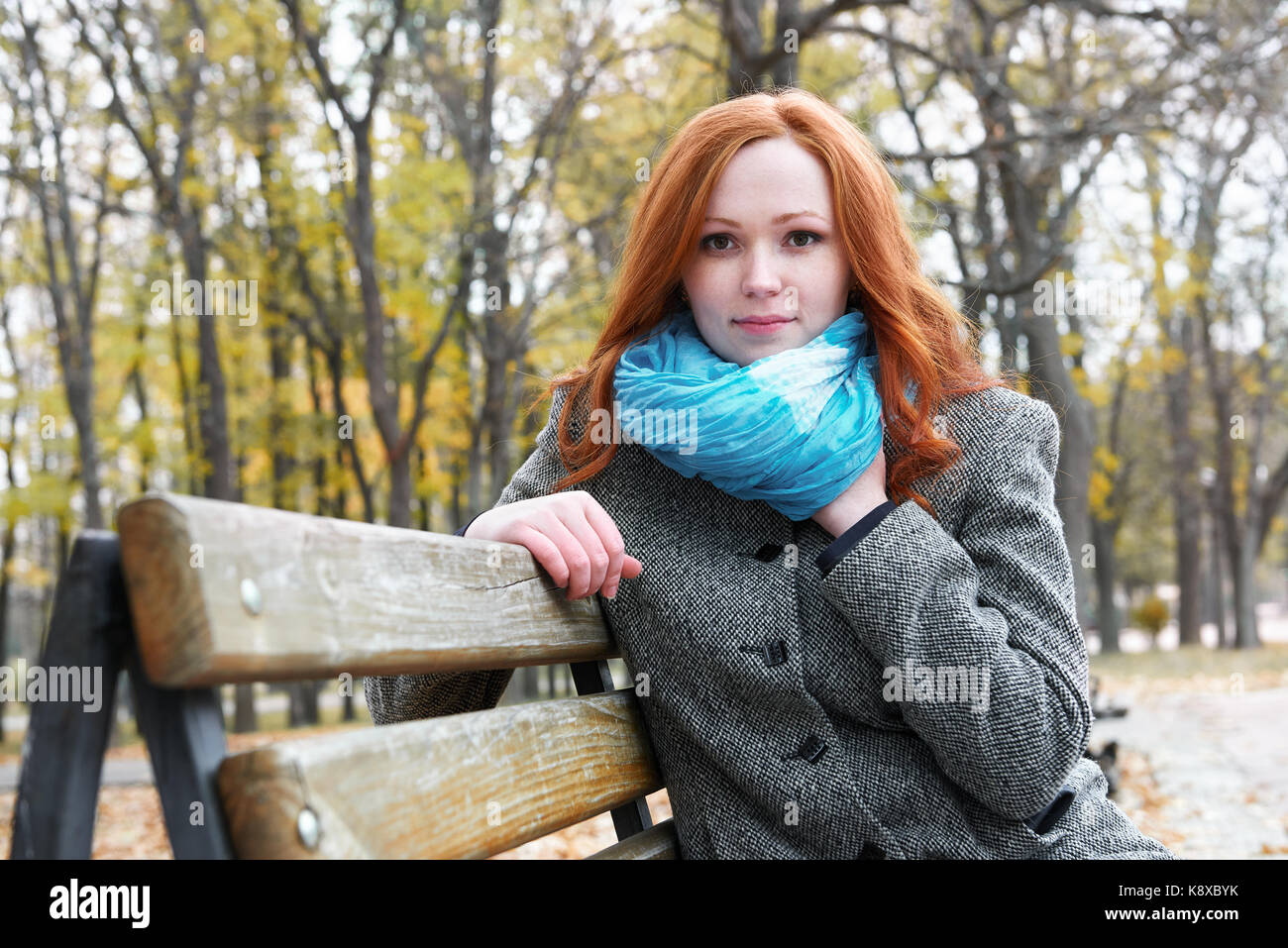 young woman portrait in autumn park, yellow leaves and trees Stock ...