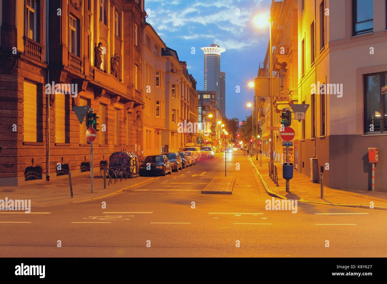Intersection and street in night city. Frankfurt am Main, Germany Stock