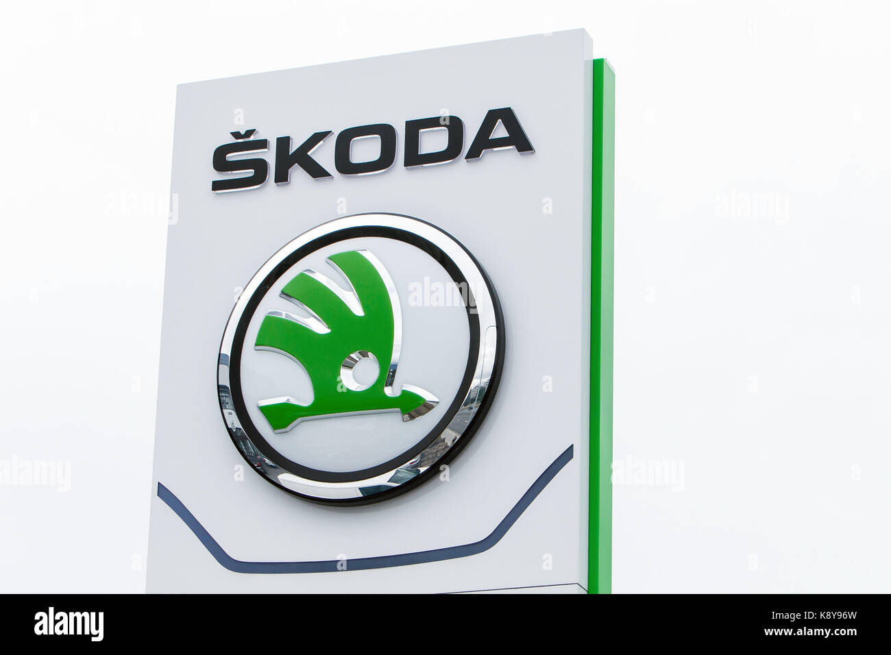 Skoda logo at a Skoda dealership in Reykjavik. Stock Photo
