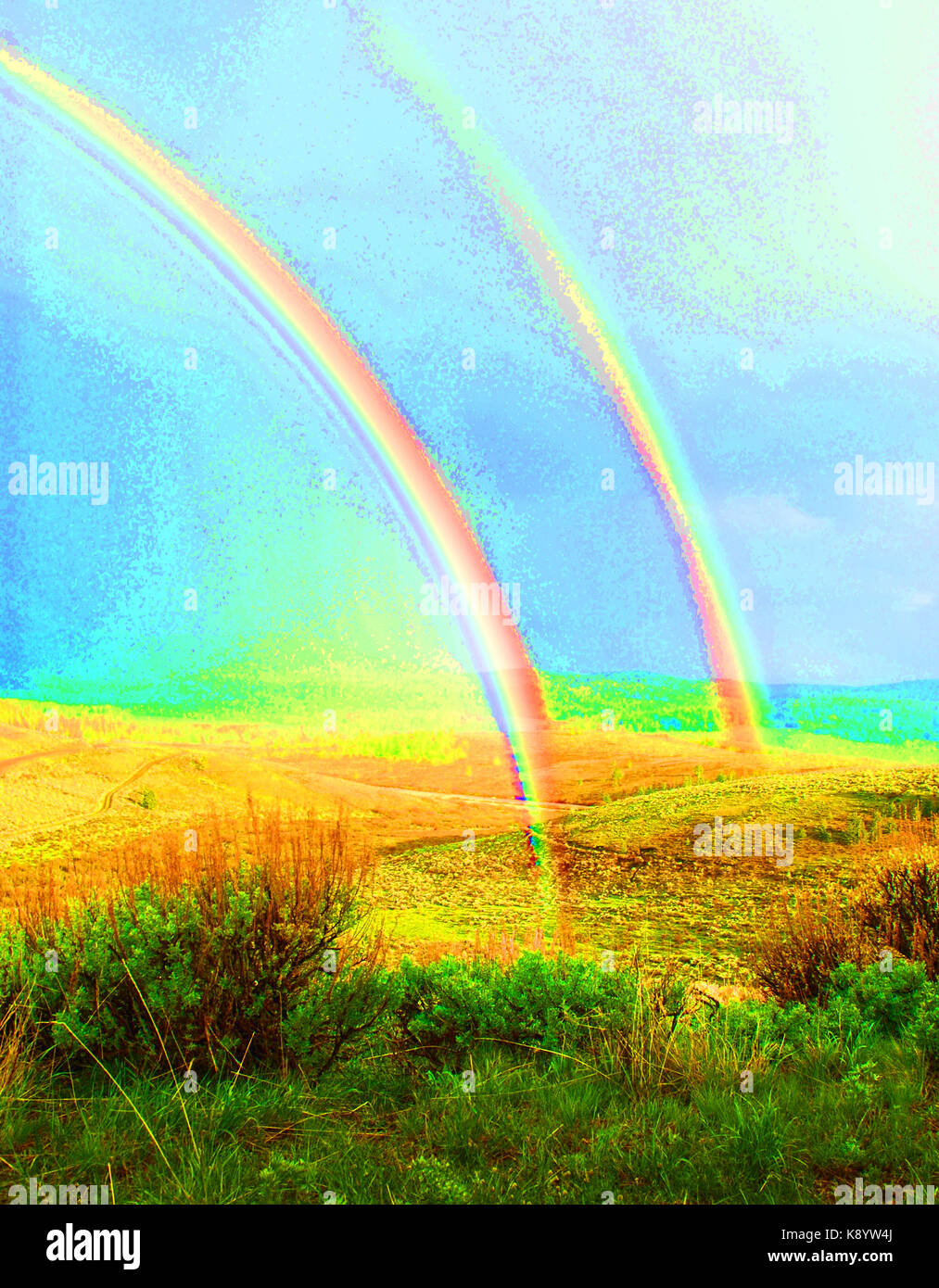 Dual rainbows edited to look like painting Stock Photo