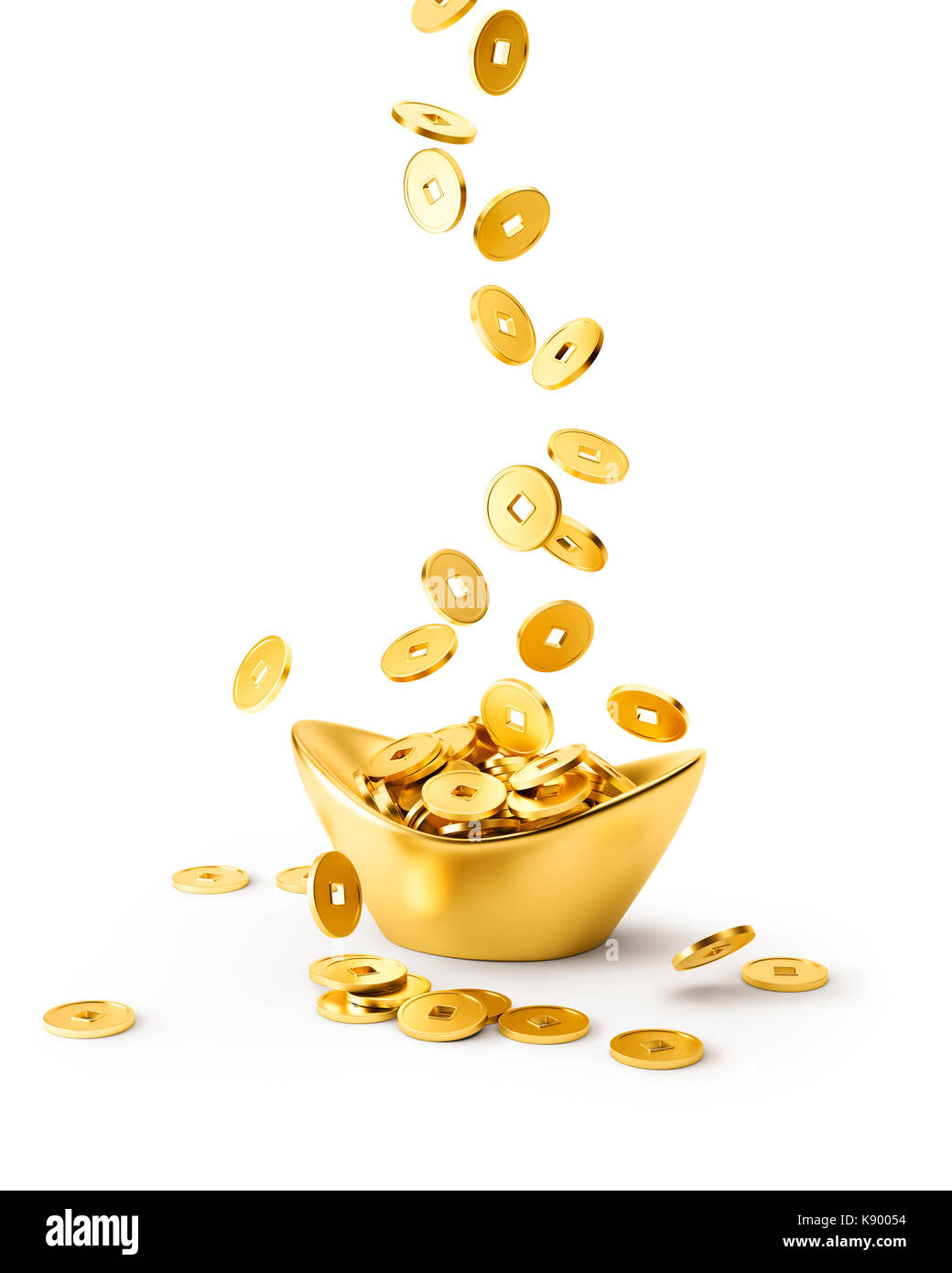 Gold coins dropping on gold sycee ( yuanbao ) isolated on white background Stock Photo
