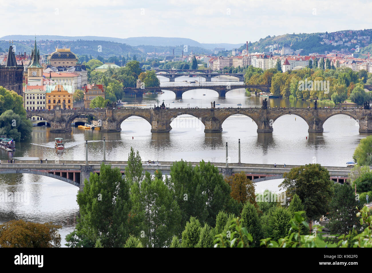 Prague, Czech Republic - August 21, 2017: View of the city's bridges from the top of Letna park Stock Photo