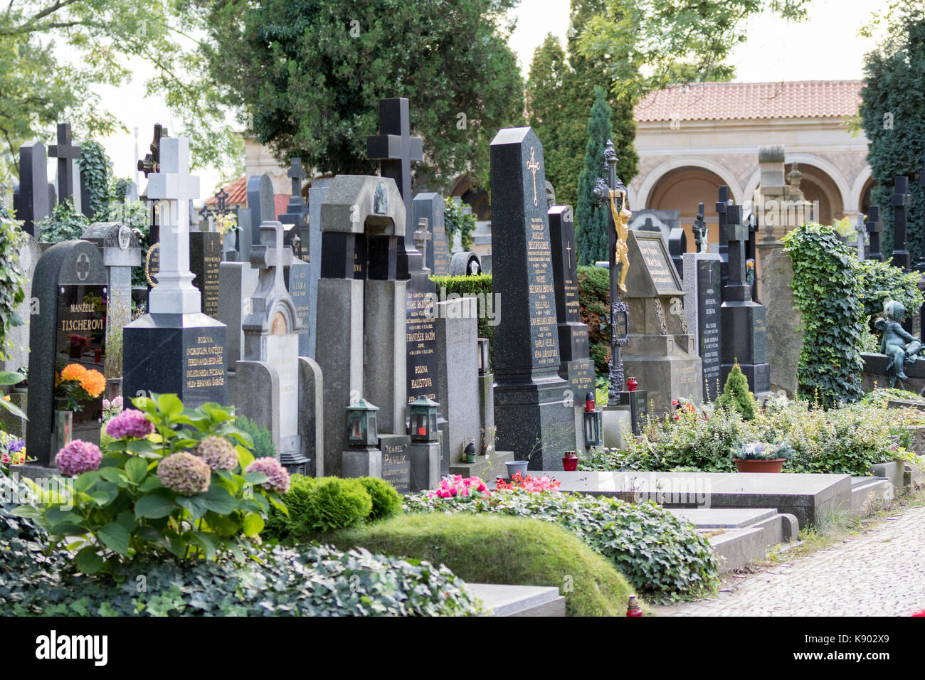 Prague, Czech Republic - August 21, 2017: Tombs of celebrity characters in the Vysehrad cemetery Stock Photo