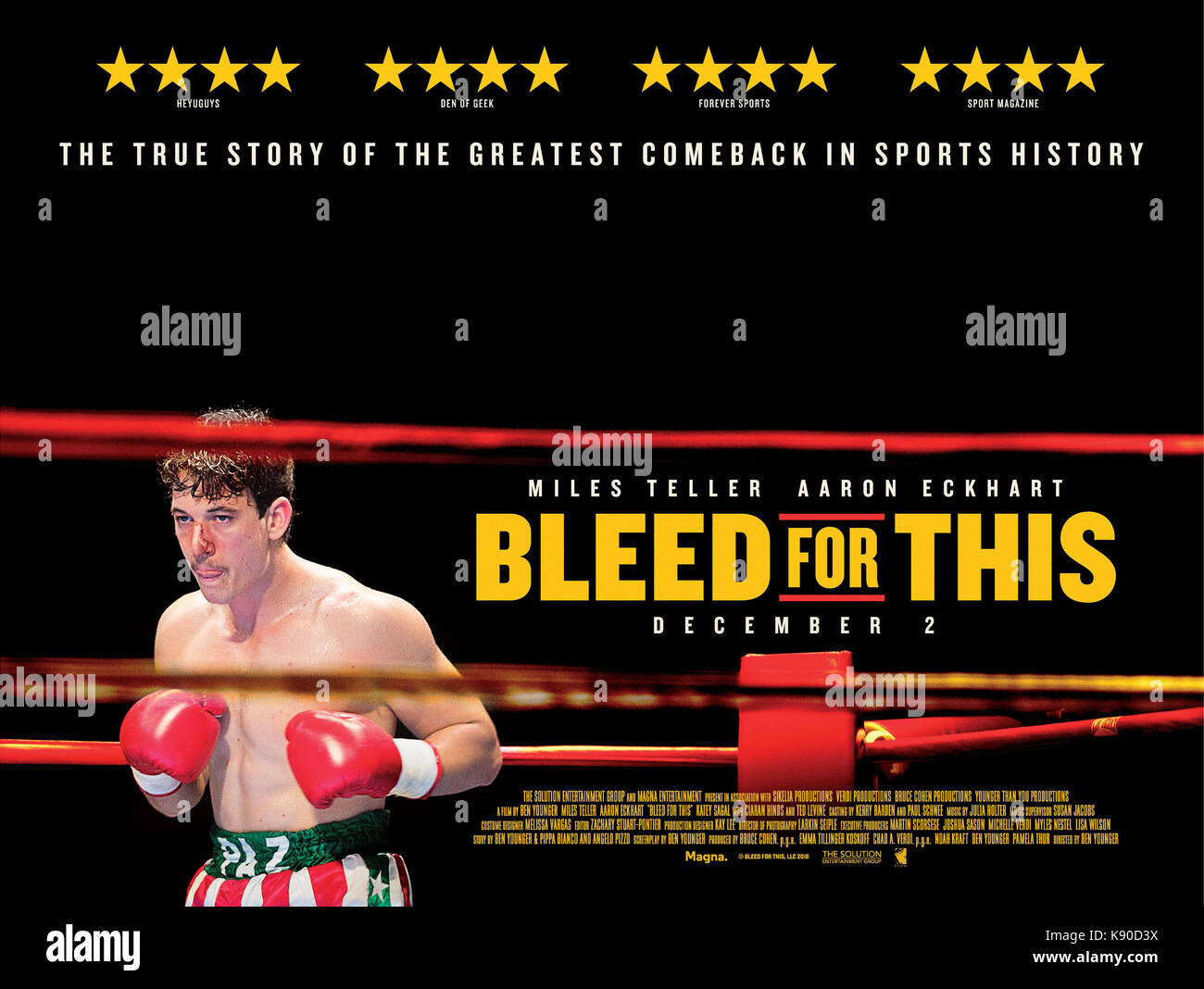 RELEASE DATE: November 16, 2016 TITLE: Bleed For This STUDIO: COpen Road Films DIRECTOR: Ben Younger PLOT: The inspirational story of World Champion Boxer Vinny Pazienza who, after a near fatal car crash which left him not knowing if he'd ever walk again, made one of sport's most incredible comebacks. STARRING: Miles Teller, Aaron Eckhart, Katey Sagal. (Credit Image: © Open Road Films/Entertainment Pictures) Stock Photo