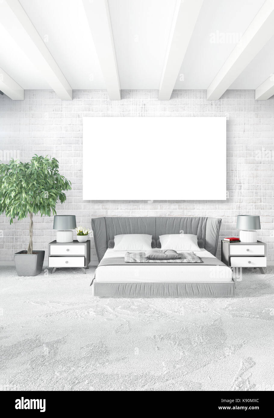 White Bedroom Minimal modern or loft style Interior Design. 3D ...