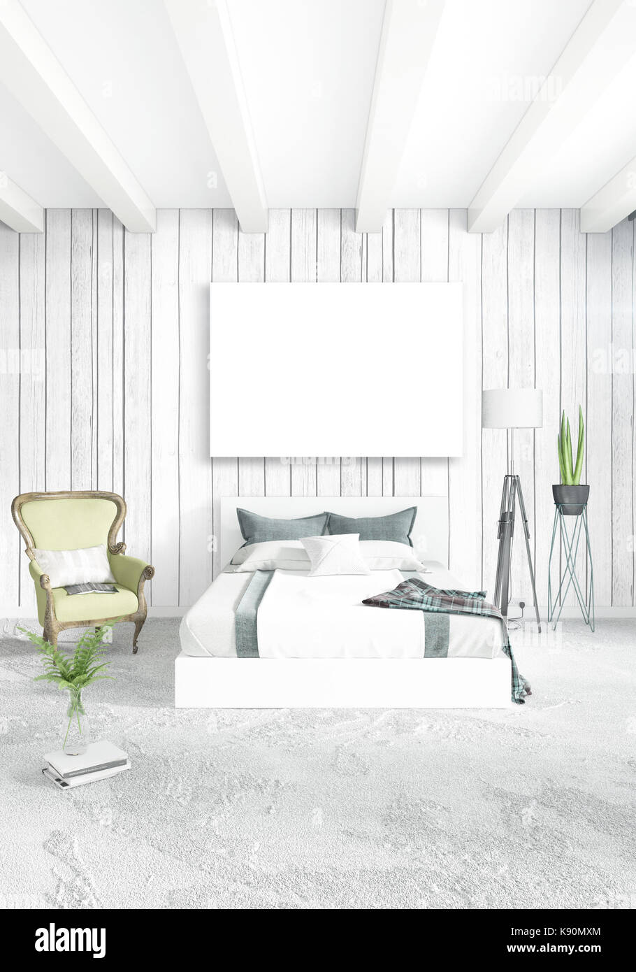White Bedroom Minimal modern or loft style Interior Design. 3D ...