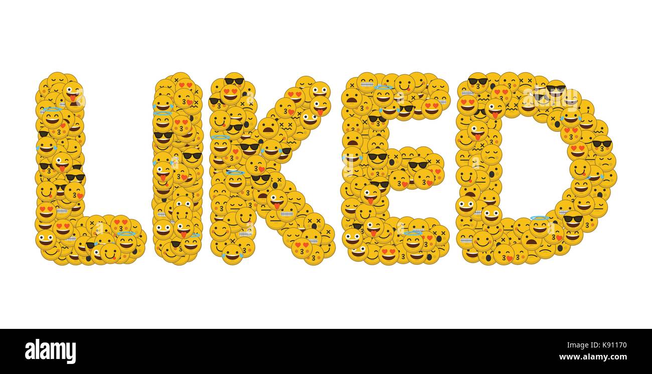 The word liked written in social media emoji smiley characters Stock