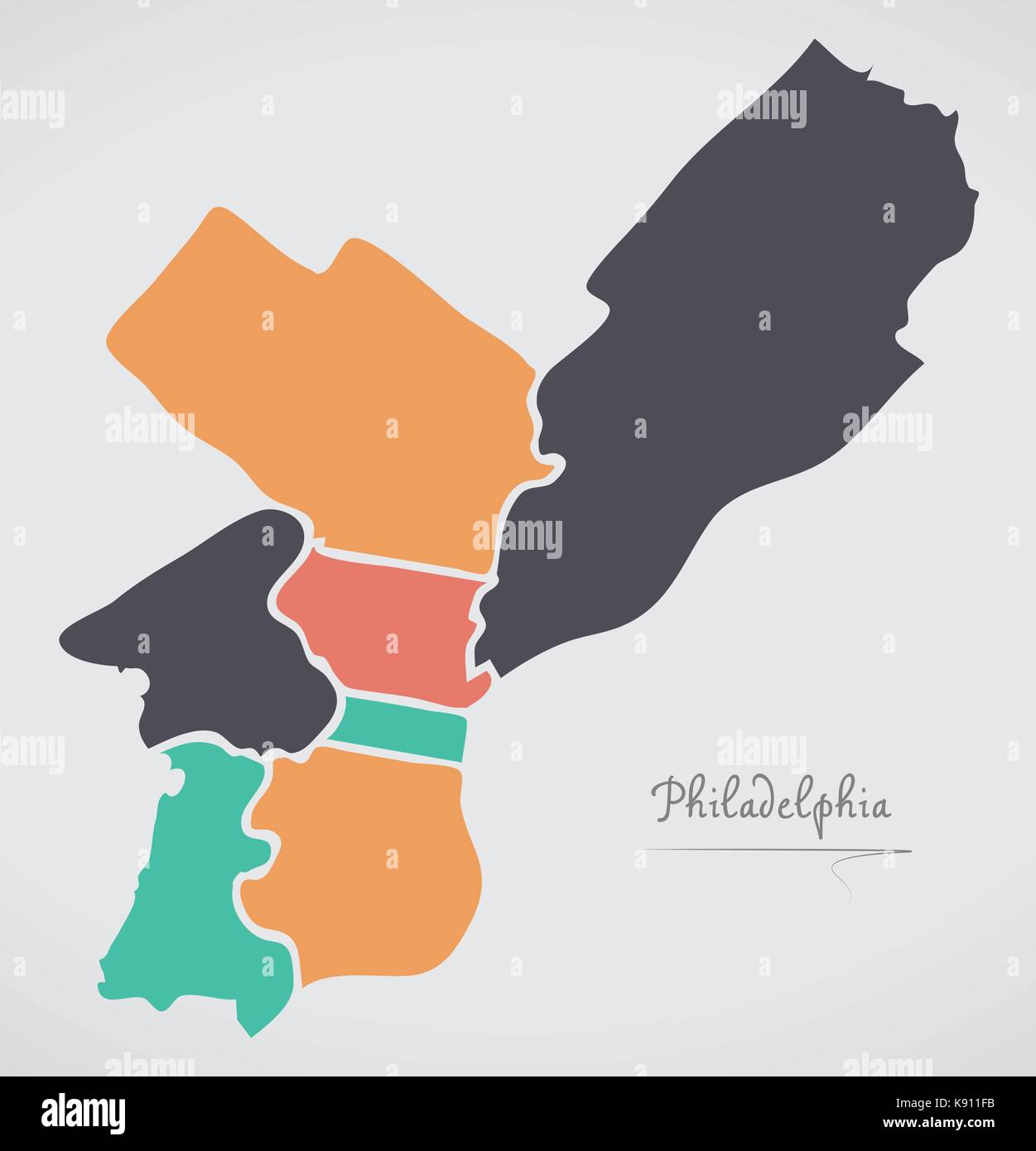 Philadelphia Map with boroughs and modern round shapes Stock Vector
