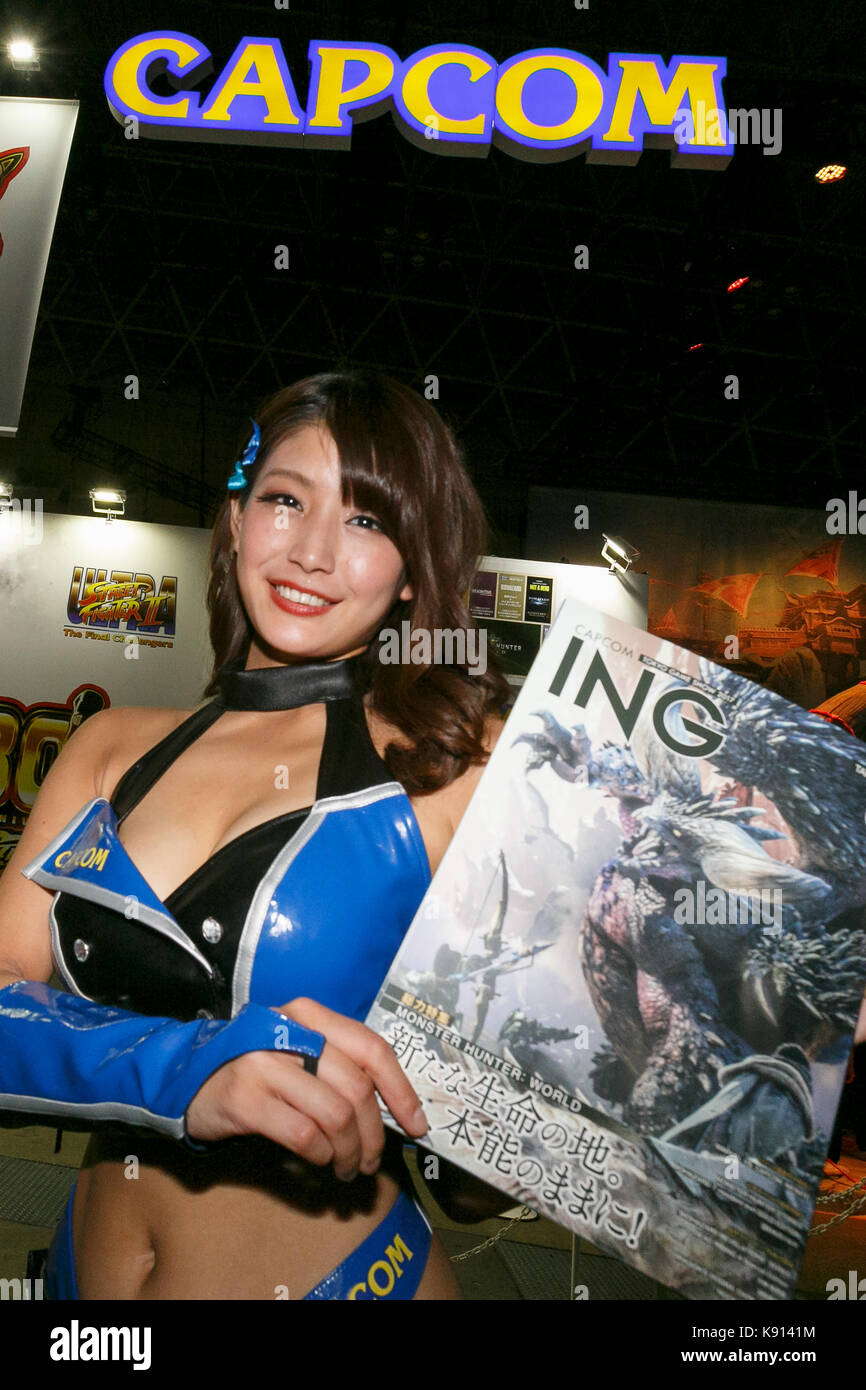 Chiba, Japan. 21st Sep, 2017. A booth assistant poses for a photograph during the Tokyo Game Show (TGS 2017) on September 21, 2017, Chiba, Japan. This year's event hosts 609 companies from 36 different countries, introducing 1,317 video game titles for smartphones, games consoles, VR, AR and MR platforms. The show, which expects to attract 250,000 visitors, runs until September 24 at the International Convention Complex Makuhari Messe in Chiba; and will be streamed live around the world. Credit: Rodrigo Reyes Marin/AFLO/Alamy Live News Stock Photo